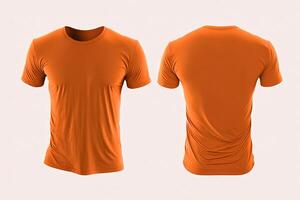 Foto realistisch männlich Orange T-Shirts mit Kopieren Raum, Vorderseite und zurück Sicht. ai generiert