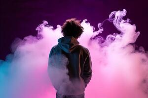 ein Mann Stehen im Vorderseite von ein Wolke von Rauch mit Neon- Beleuchtung. ai generiert foto