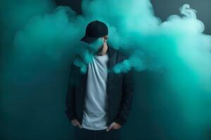 ein Mann Stehen im Vorderseite von ein Wolke von Rauch mit das cyan Thema. ai generiert foto