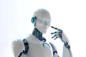 Weiß Humanoid Roboter Denken und berühren seine Kopf. ai generiert foto