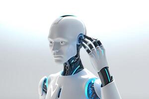 Weiß Humanoid Roboter Denken und berühren seine Kopf. ai generiert foto