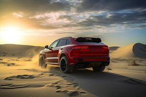 Luxus Auto auf Sand Dünen. generativ ai foto