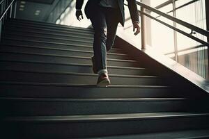 schließen oben jung Geschäftsmann Füße Sprinten oben Treppe Büro Mitte Bild foto