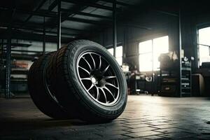 Mechaniker Bedienung ist Ändern Neu Reifen und Räder. auf das Garage Hintergrund foto