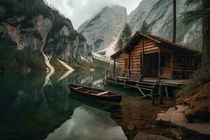 hölzern Hütte auf See Schrei im Dolomiten, Italien foto