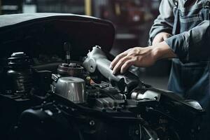 Auto Mechaniker Arbeiten auf Auto gebrochen Motor im Mechanik Bedienung oder Garage. Transport Instandhaltung Schlüssel detia foto