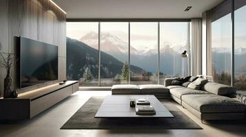 modern Luxus geräumig Penthouse Leben Zimmer Innere Design mit komfortabel Sofa, Kaffee Tisch, Fernseher Kabinett, Fernseher auf das Mauer und groß Glas Fenster mit Berg Aussicht foto