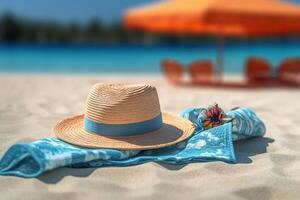 ein Strand Handtuch dekoriert mit ein Hut Sonnenbrille und Flip Flops mit generativ ai foto