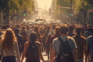 Menge von Menschen Gehen im ein beschäftigt Straße mit generativ ai foto