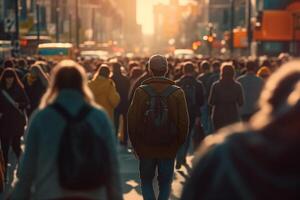 Menge von Menschen Gehen im ein beschäftigt Straße mit generativ ai foto