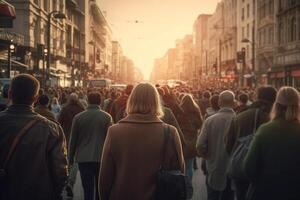 Menge von Menschen Gehen im ein beschäftigt Straße mit generativ ai foto