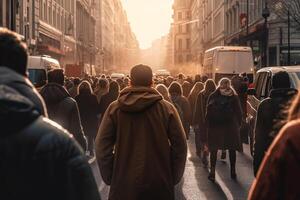 Menge von Menschen Gehen im ein beschäftigt Straße mit generativ ai foto