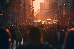 Menge von Menschen Gehen im ein beschäftigt Straße mit generativ ai foto