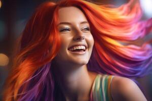 jung Frau mit lange Haar im violett und Orange Farbe mit generativ ai foto