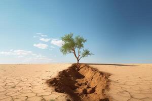 Single Baum im das Mitte von ein gebrochen Wüste im global Erwärmen Konzept mit generativ ai foto