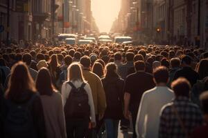 Menge von Menschen Gehen im ein beschäftigt Straße mit generativ ai foto