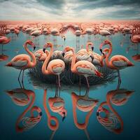 ein Gruppe von Flamingos waten im ein flach See. ai foto