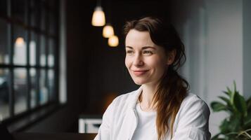 ein Frau sitzt im ein Cafe und sieht aus aus das Fenster. ai generiert foto