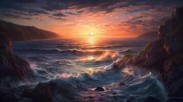 Sonnenuntergang auf das Meer Tapeten und Bilder. ai generiert foto