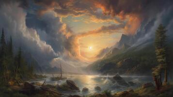 ein Gemälde von ein Sonnenuntergang mit Berge im das Hintergrund. ai generiert foto
