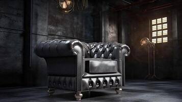 ein schwarz Leder Stuhl im ein dunkel Zimmer mit ein runden Tabelle und ein Lampe. ai generiert foto