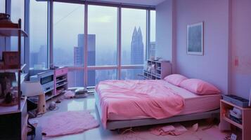 ein Schlafzimmer mit ein Rosa Bett und ein groß Fenster Das sagt'ich Liebe Du. ai generiert foto