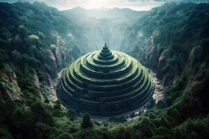 ein Digital Gemälde von ein Grün Berg mit ein groß Pyramide im das Mitte. ai generiert foto