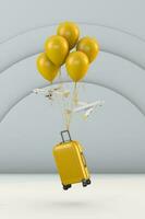 schwebend Gelb Koffer mit Gelb Luftballons und Flugzeug. ein 3d Reise Konzept foto