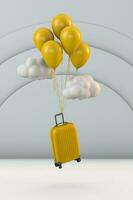 schwebend Reise Konzept mit Gelb Koffer und Gelb Luftballons. 3d machen foto