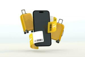 Digital Reise Konzept mit Fahrkarte passieren, Smartphone und Gelb Koffer foto