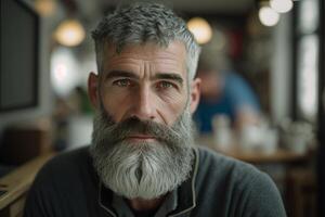ein Mann mit ein grau Bart und ein grau Bart. ai generiert foto