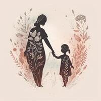 ein Zeichnung von ein Mutter und Tochter halten Hände Blumen- Stil Mutter Tag Rabatt ai generativ foto