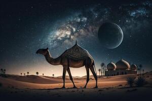islamisch Hintergrund mit Kamel, milchig Weg und Mond Ornament. generativ ai. foto