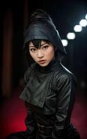 Frau im schwarz Ninja passen beim dunkel Zimmer, generativ ai foto
