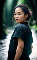 asiatisch Frau im dunkel unheimlich tief Wald , generativ ai foto