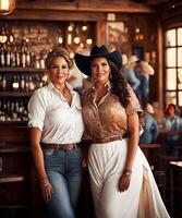 Porträt Foto von amerikanisch Frauen beim Western Bar, generativ Kunst durch ai