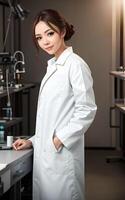 asiatisch Frau Forscher Wissenschaftler tragen Labor Mantel, generativ ai foto