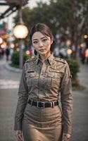schön asiatisch Thailand Polizei Frau beim Straße, generativ ai foto
