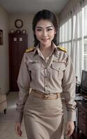 asiatisch Frau thailändisch Lehrer beim Schule im khaki passen Uniform, generativ ai foto