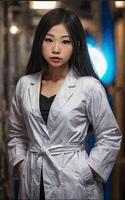 Wissenschaftler Forscher asiatisch Frau tragen Labor Mantel beim Labor, generativ ai foto