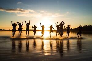 jung Gruppe von Menschen Springen in das Luft beim Strand. generativ ai foto