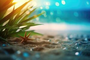 Sommer- tropisch Strand Hintergrund mit Palme Blätter, funkelnd Wasser Reflexionen. generativ ai foto