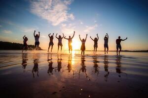 jung Gruppe von Menschen Springen in das Luft beim Strand. generativ ai foto