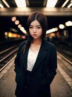 schön asiatisch Frau beim Hallo Geschwindigkeit Zug Bahnhof, generativ ai foto