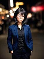 Porträt von schön asiatisch Frau im beiläufig Outfit beim Nacht, generativ ai foto