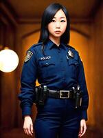 Porträt von schön asiatisch Frau tragen Polizei Outfit, generativ ai foto