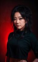 Mitte alt asiatisch Frau mit schwarz Hintergrund und Licht , generativ ai foto