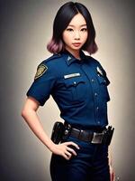 Porträt von schön asiatisch Frau tragen Polizei Outfit, generativ ai foto