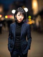 Porträt von schön asiatisch Frau im beiläufig Outfit beim Nacht, generativ ai foto