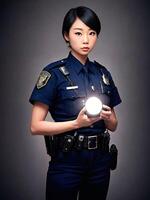 Porträt von schön asiatisch Frau tragen Polizei Outfit, generativ ai foto